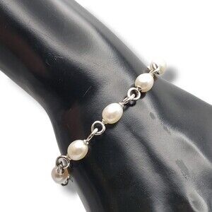 Sterling Silver Iridescent Pearl Bangle Bracelet Toggle Close 925 Marked